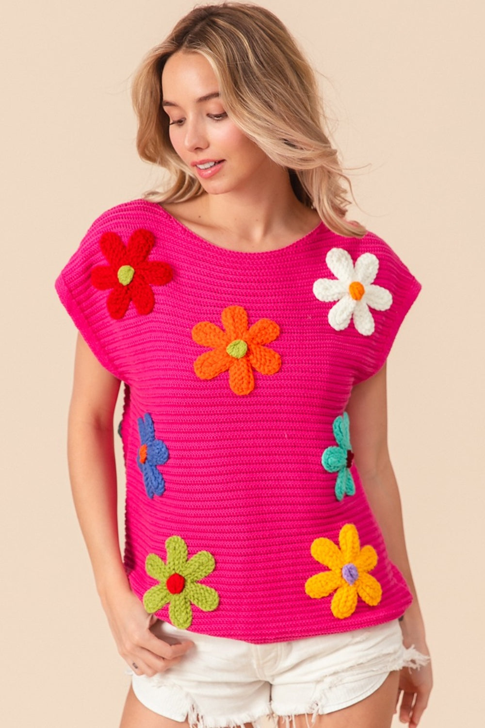 BiBi Crochet Flower Embroidery Round Neck Cap Sleeves Knit Sweater | Fuchsia