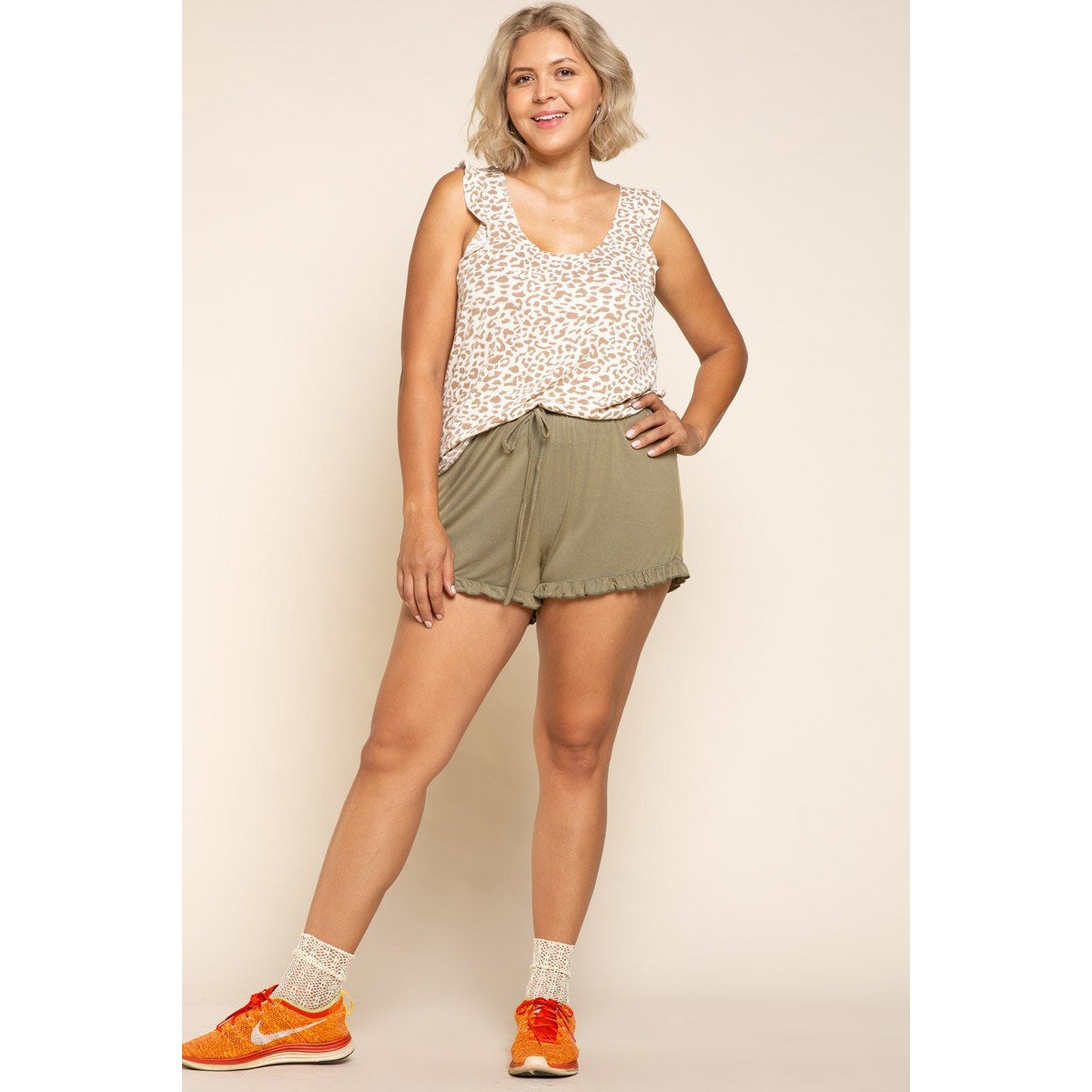 POL Olive Light Weight Drawstring Waist Ruffle Trim Detail Shorts | Size L