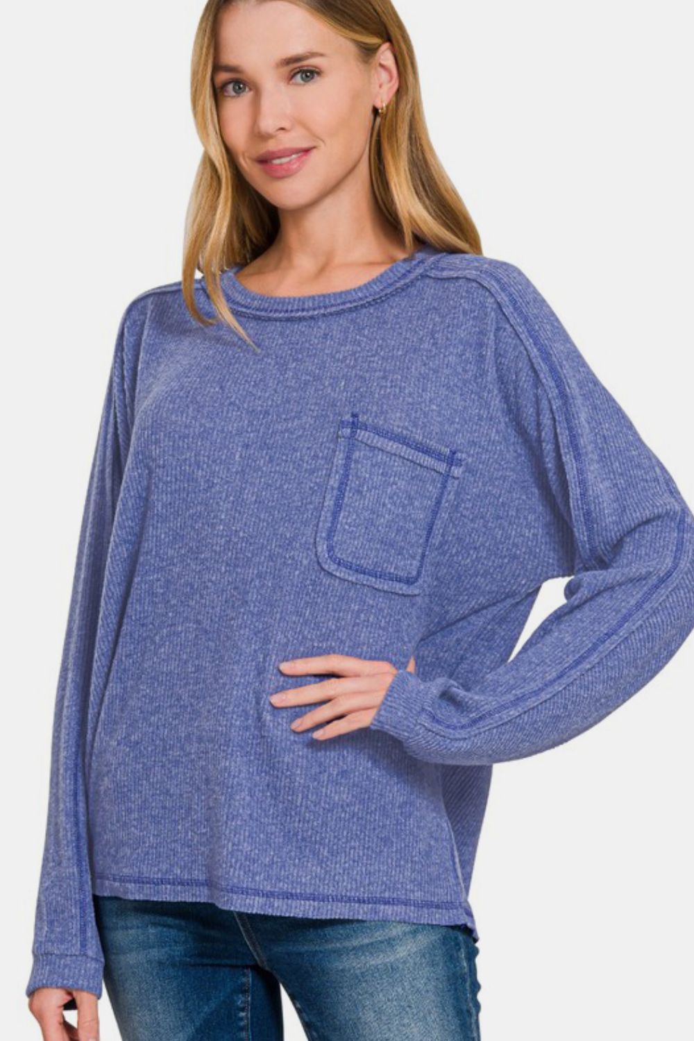 Zenana Contrast Stitching Brushed Ribbed Hacci Round Neck Knit Top | Blue