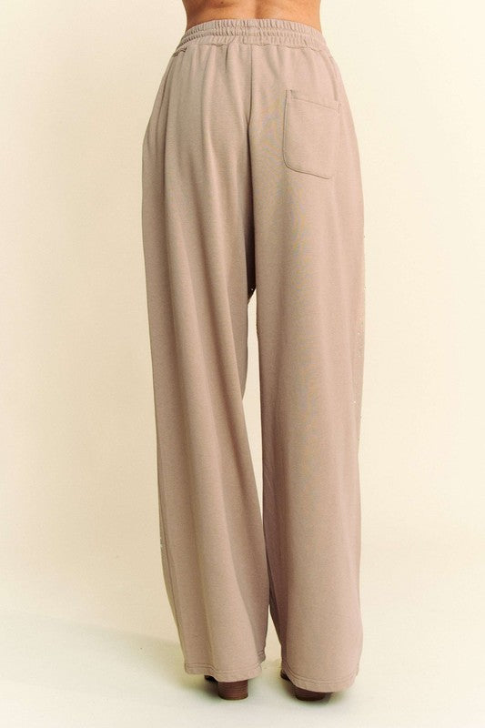 Davi & Dani Sparkling Rhinestone Pockets Drawstring Wide Leg Pants | Tan