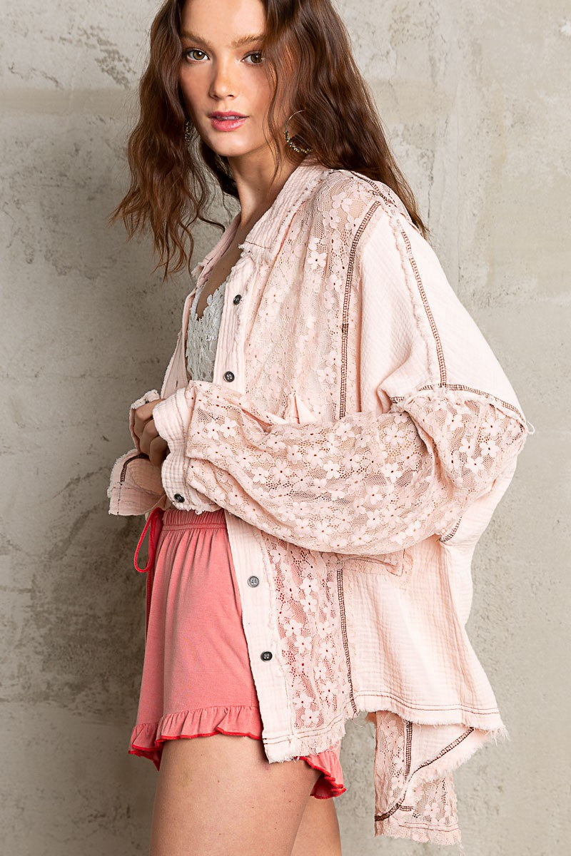 POL Oversized Floral Lace Detail Long Sleeves Button Down Shirt | Sand