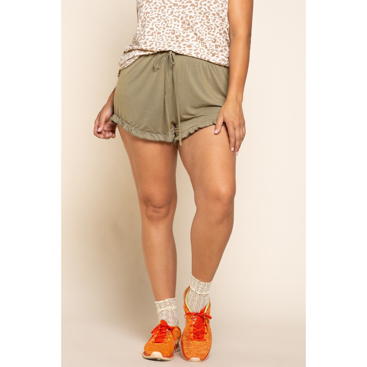 POL Olive Light Weight Drawstring Waist Ruffle Trim Detail Shorts | Size L