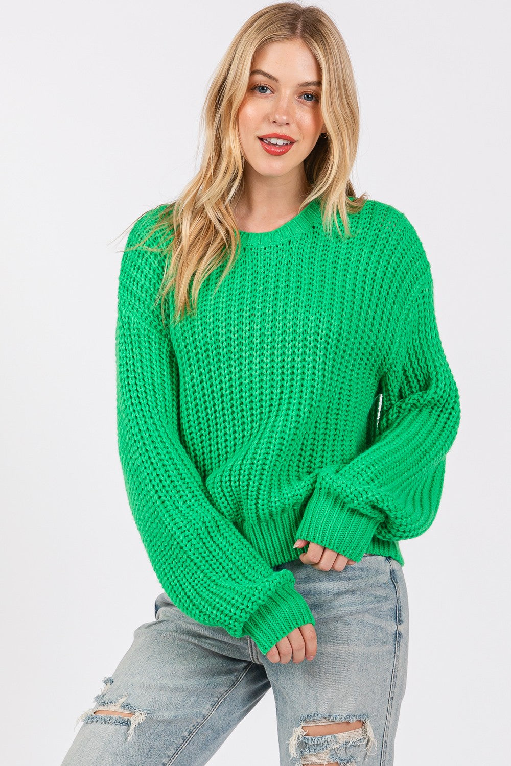 SAGE + FIG Round Neck Drop Shoulder Long Sleeves Pullover Sweater | Green