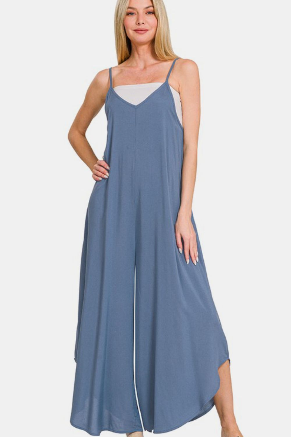 Zenana Spaghetti Strap Side Pockets Wide Leg Rayon Challis Jumpsuit | Dusty Blue