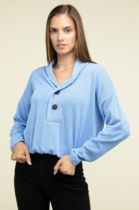 ZENANA Textured Line Elastic Waist Half Closure Front Pullover Top