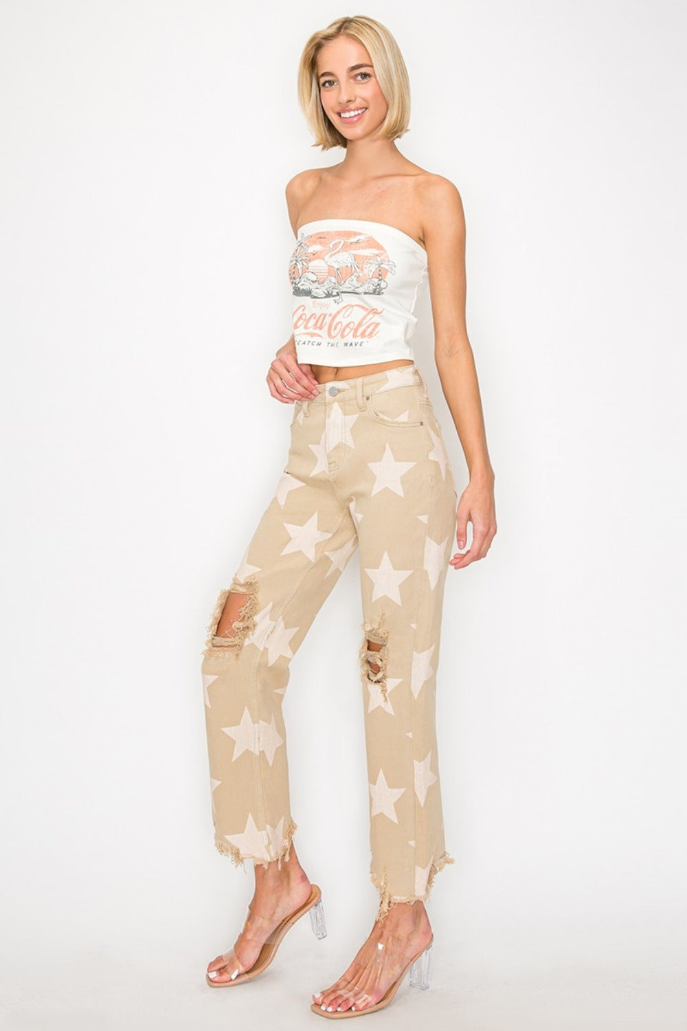 RISEN High Rise Star Printed Distressed Frayed Hem Straight Denim Jeans | Khaki