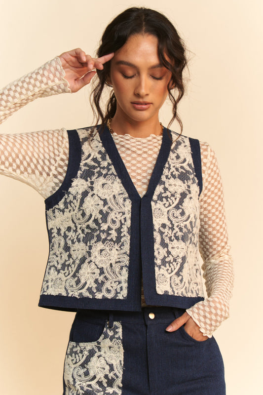 Davi & Dani Casual Textures Lace Patch Detail Open Front Denim Vest | Dark Blue