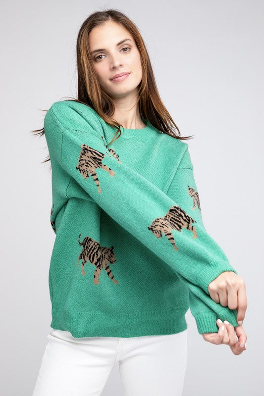 BiBi Relaxed Fit Tiger Pattern Long Sleeves Pullover Sweater