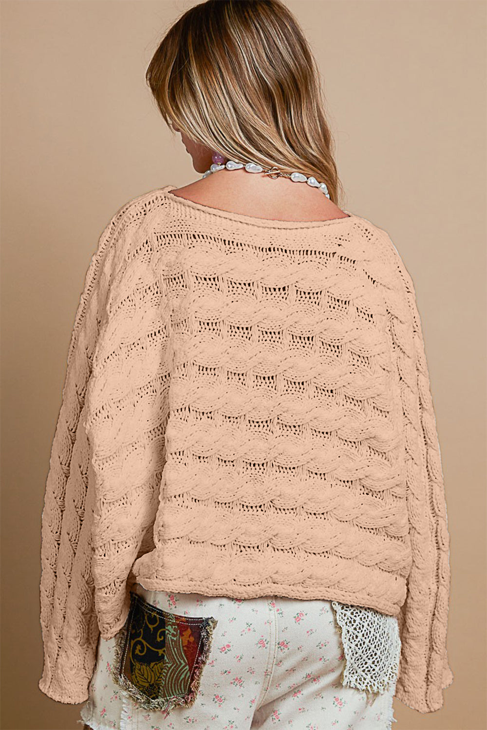 POL Round Neck Twisted Cable Long Sleeves Cropped Pullover Sweater | Honey Gold