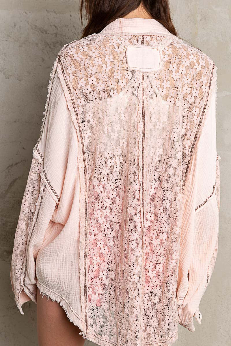 POL Oversized Floral Lace Detail Long Sleeves Button Down Shirt | Sand