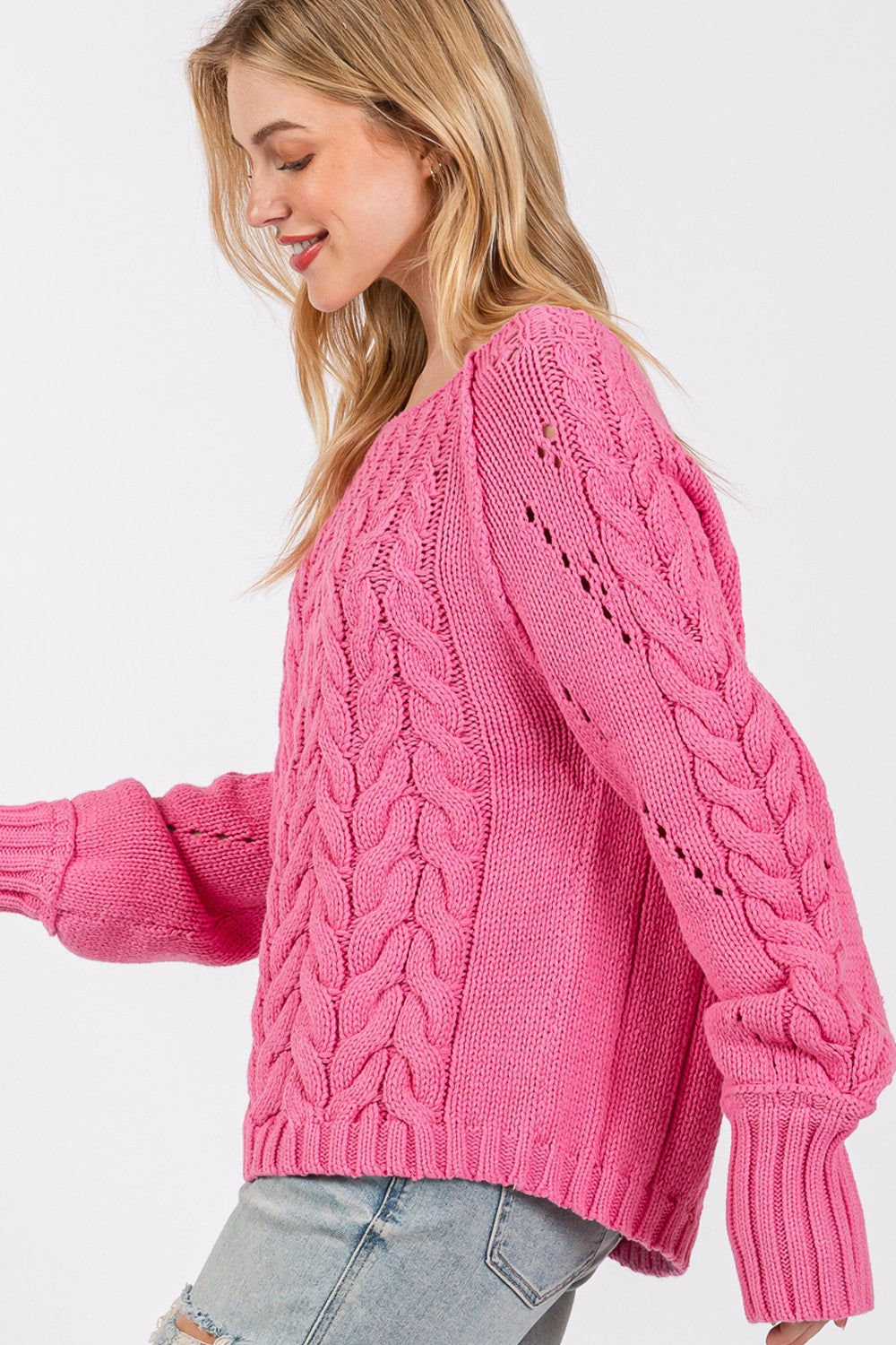 SAGE + FIG Cable Knit Long Sleeves Boat Neckline Pullover Sweater | Deep Pink