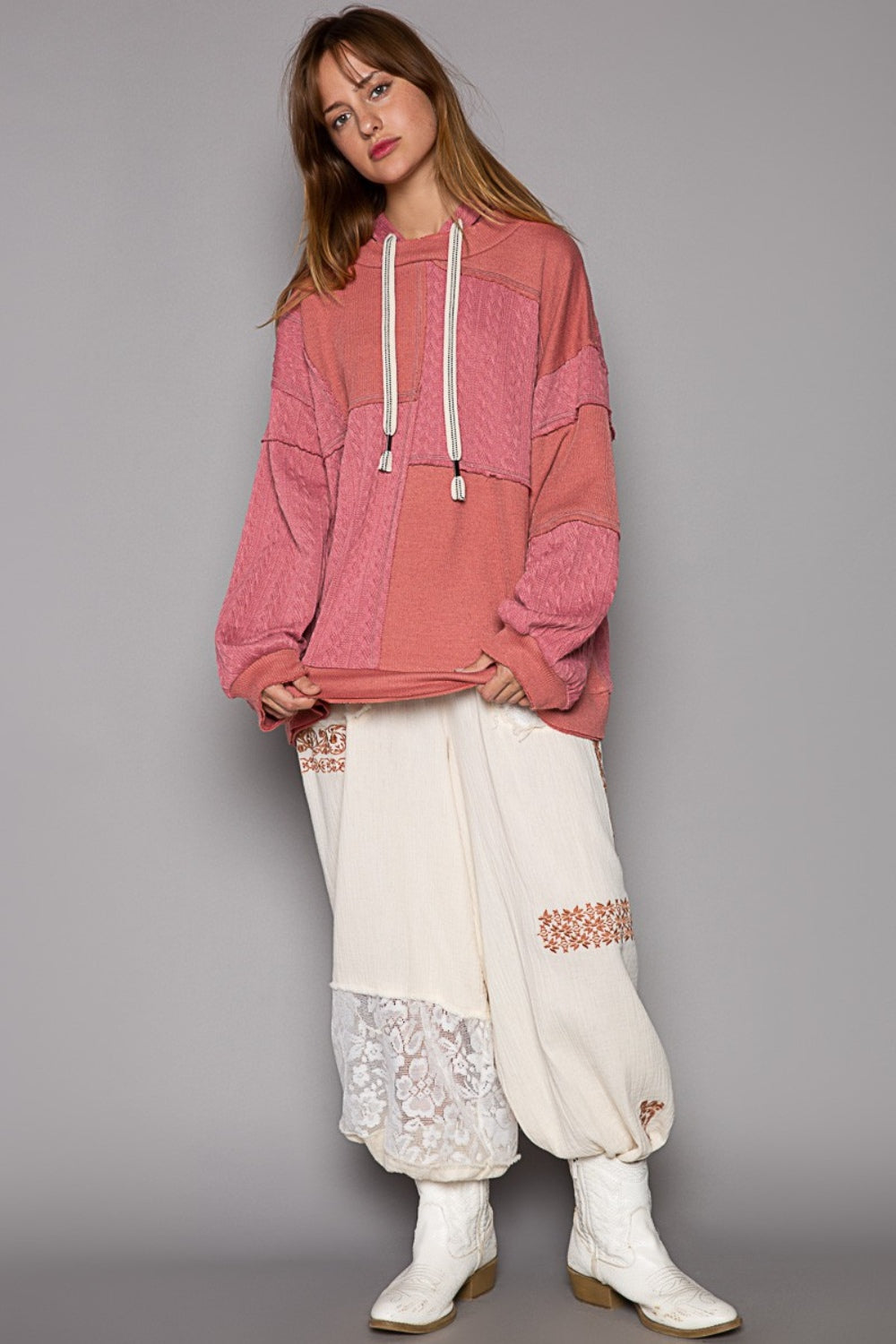 POL Exposed Seam Balloon Sleeves Drawstring Hooded Knit Sweatshirt | Mauve