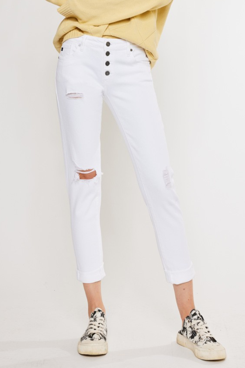 KanCan White Mid Rise Exposed Button Fly Distressed Ankle Girlfriend Jeans