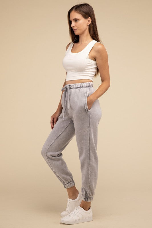 ZENANA Acid Wash Side Pockets Fleece Drawstring Cropped Sweatpants