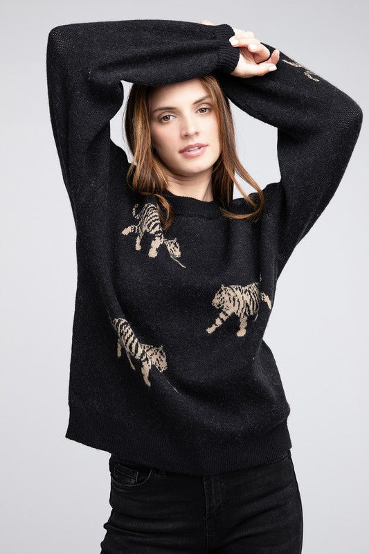 BiBi Relaxed Fit Tiger Pattern Long Sleeves Pullover Sweater