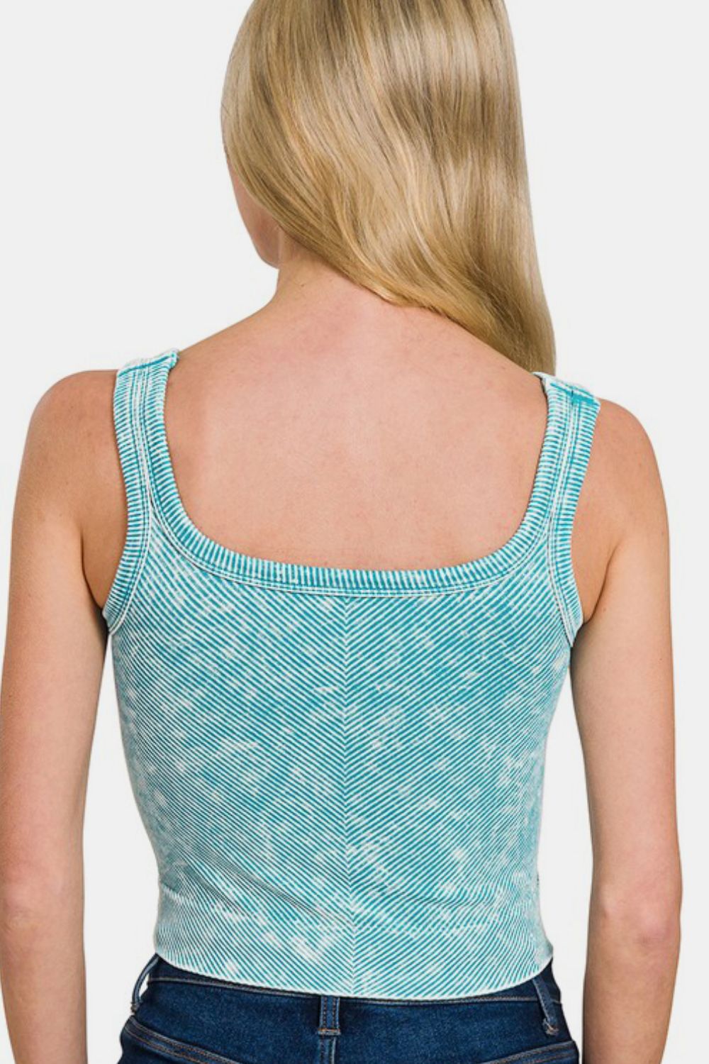 Zenana Stone Washed Ribbed Scoop Neck Seamless Wide Strap Tank Top | Ice Blue