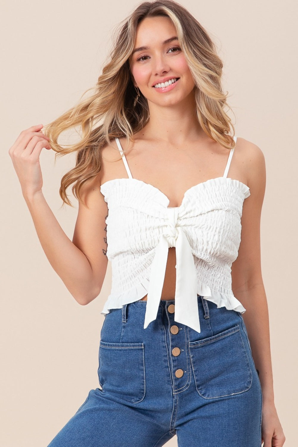 BiBi Ruffled Smocked Ribbon Detailed Adjustable Strap Woven Cami Top | Off White