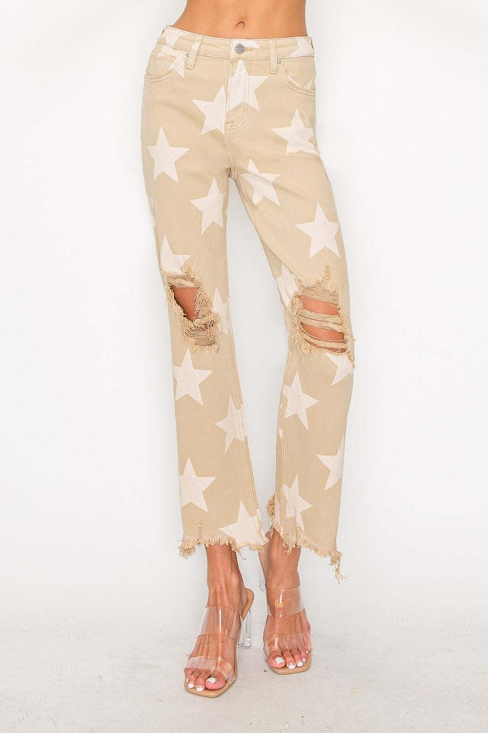 RISEN High Rise Star Printed Distressed Frayed Hem Straight Denim Jeans | Khaki