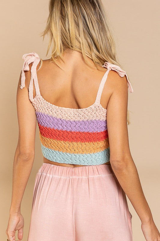 POL Boho Color Block Square Neck Tie Shoulder Cropped Tank Top