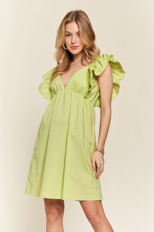 ADORA Smocked Back Ruffled Cap Sleeve Babydoll Dress | Lime