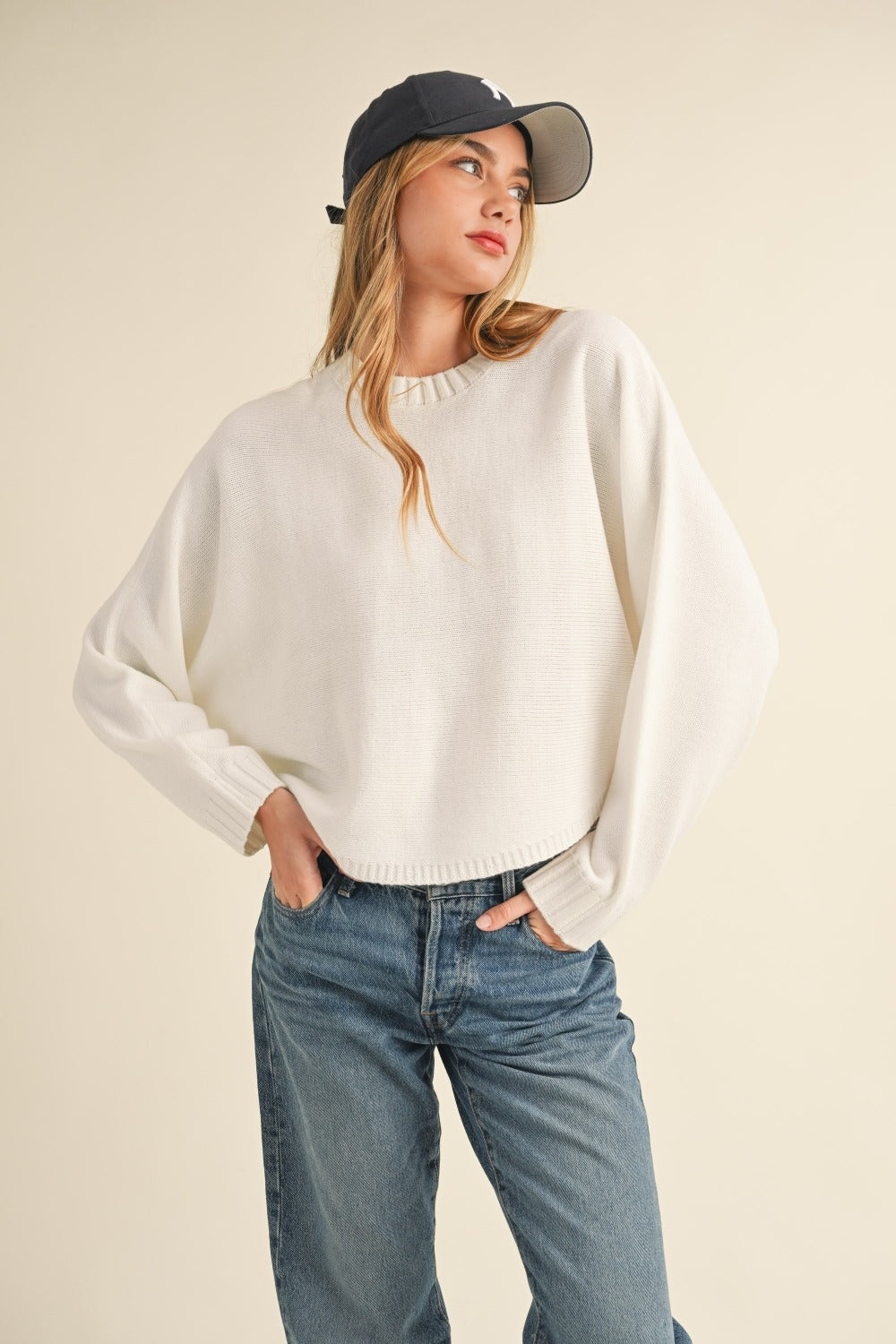 MABLE Round Neck Dolman Sleeves Relaxed Fit Cropped Pullover Sweater | Off White