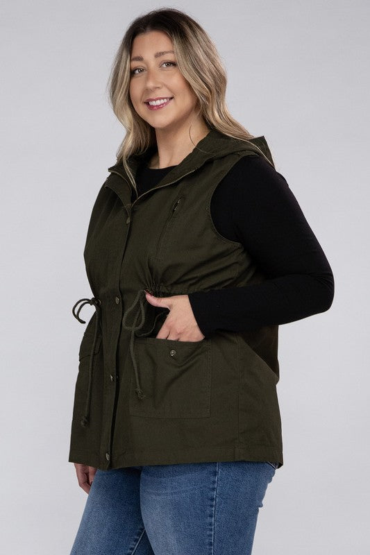 ZENANA Plus Relaxed Fit Drawstring Waist Military Hoodie Vest