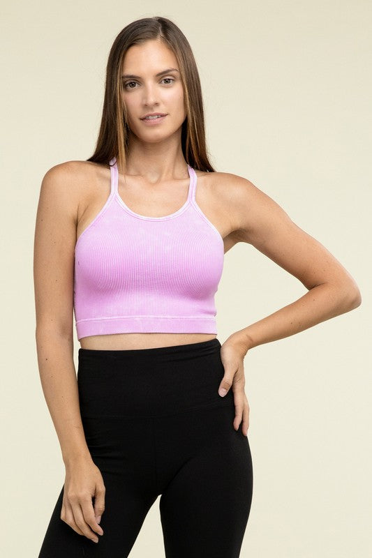 ZENANA Washed Ribbed Seamless Pemovable Bra Pads Cropped Cami Top