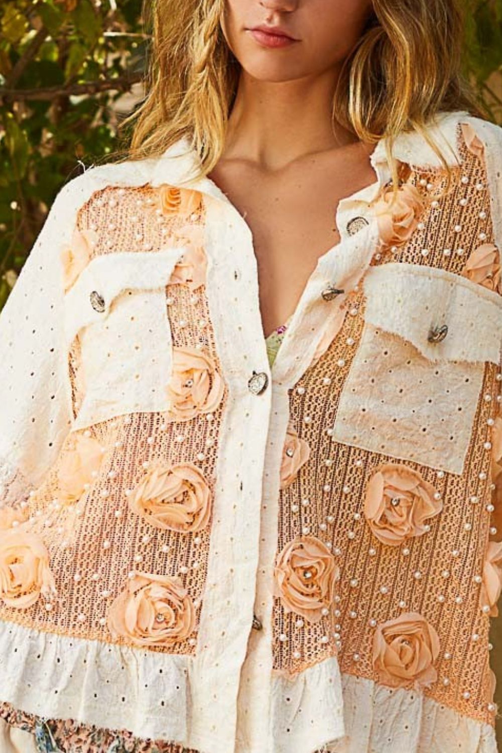 POL Eyelet Flower Pearl Detail Lace Patchwork Balloon Sleeves Shirt | Apricot