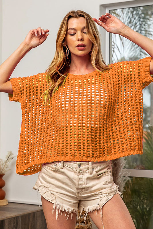 BiBi Oversized Hollowed Out Short Sleeves Round Neck Knit Cover Up Top | Orange