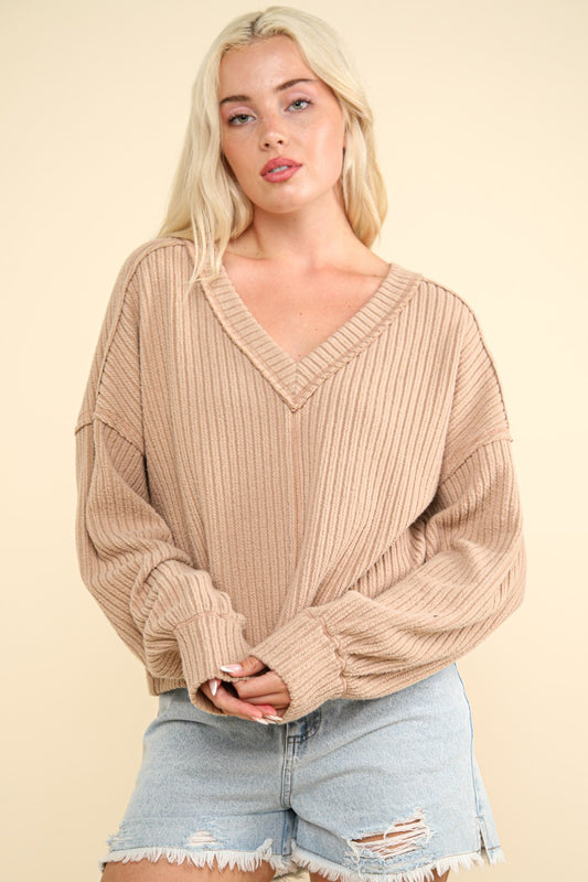 VERY J Exposed Seam V-Neck Long Sleeves Relaxed Fit Soft Ribbed Knit Top | Mocha