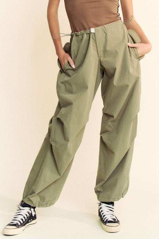 Davi & Dani Solid Utility Pocket Waist Drawstring Long Baggy Pants | Olive Green