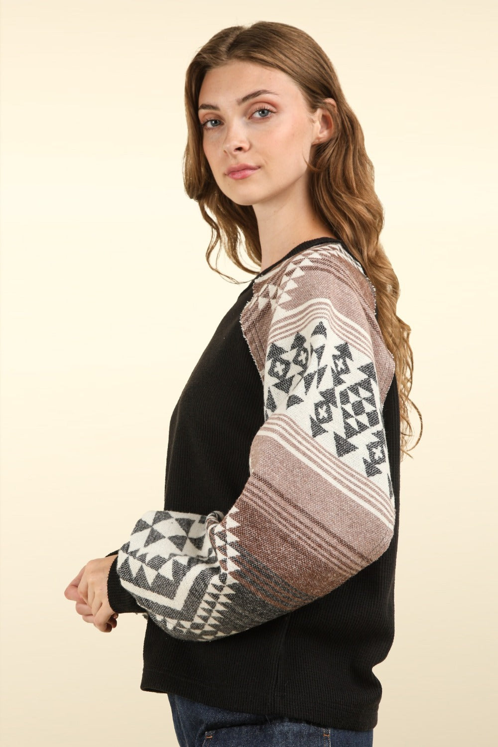 VERY J Aztec Printed Long Sleeves Round Neck Oversized Cozy Knit Top | Black