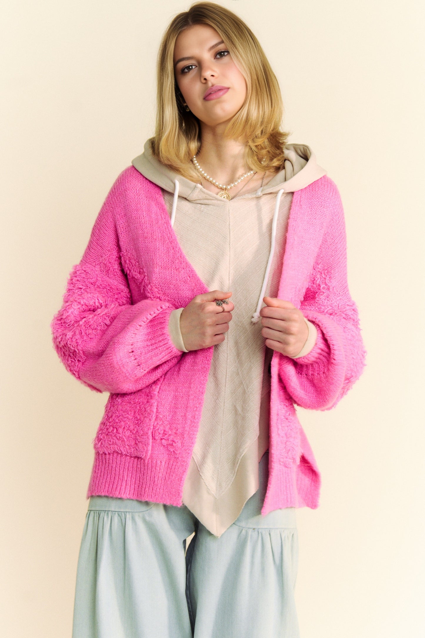 Davi & Dani Side Slit Open Front Long Sleeves Pockets Comfy Knit Cardigan | Pink