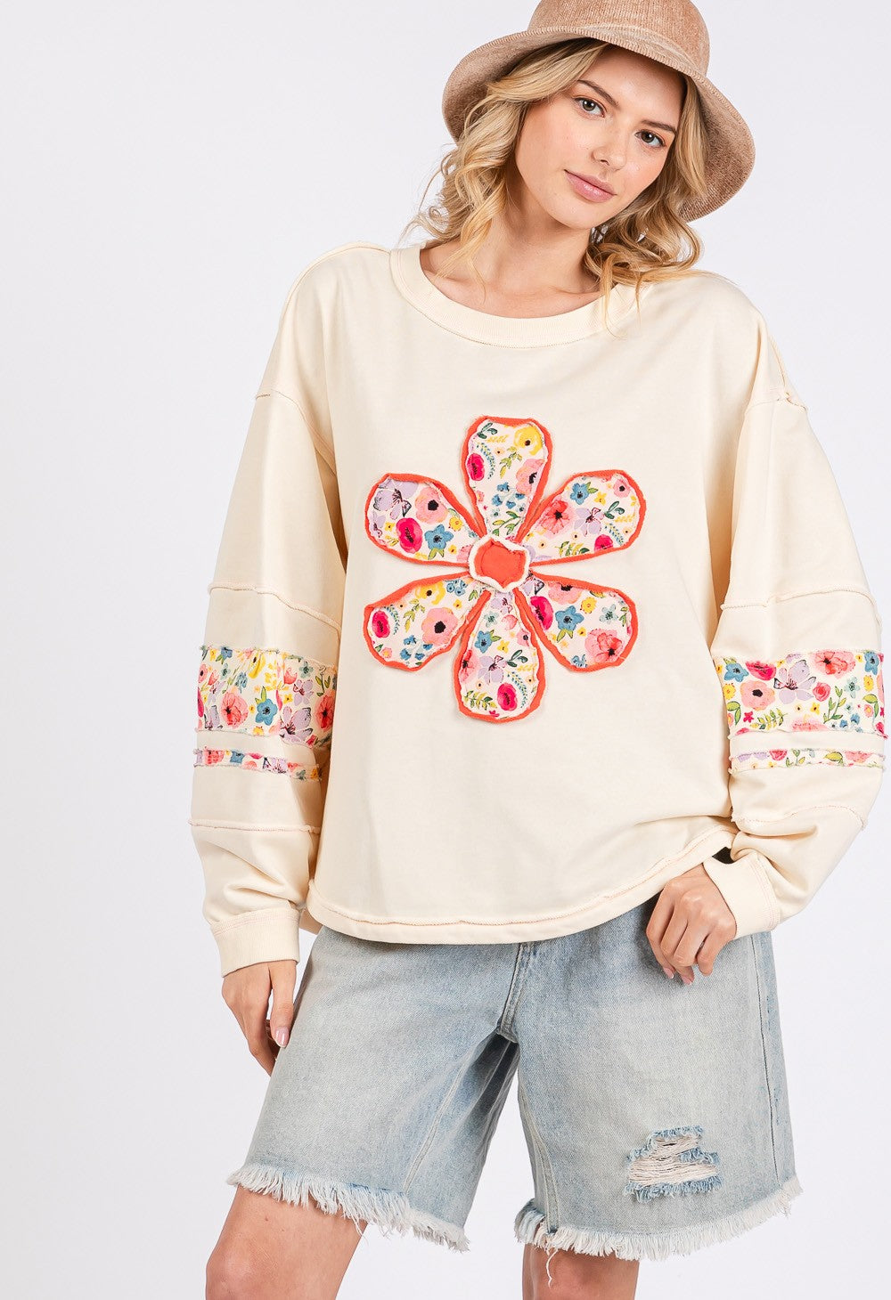 SAGE + FIG Daisy Patch Applique Long Sleeves Relaxed Fit Sweatshirt | Cream