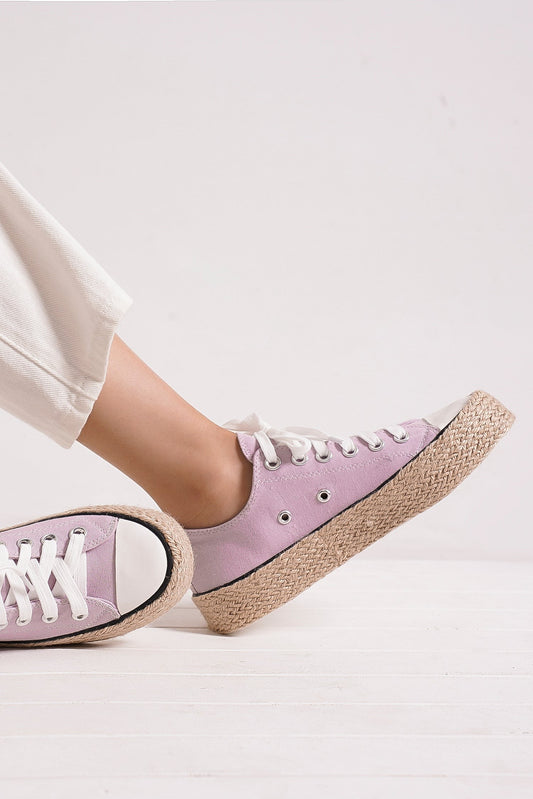 Beast Fashion Lace Up Round Toe Woven Espadrille Sole Sneakers | Lilac