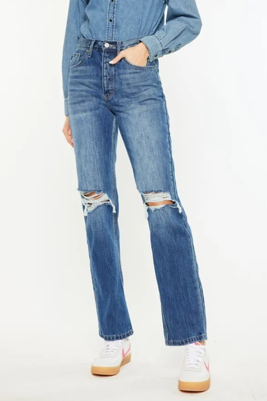 KanCan Ultra High Rise 90's Distressed Knee Medium Wash Boyfriend Denim Jeans
