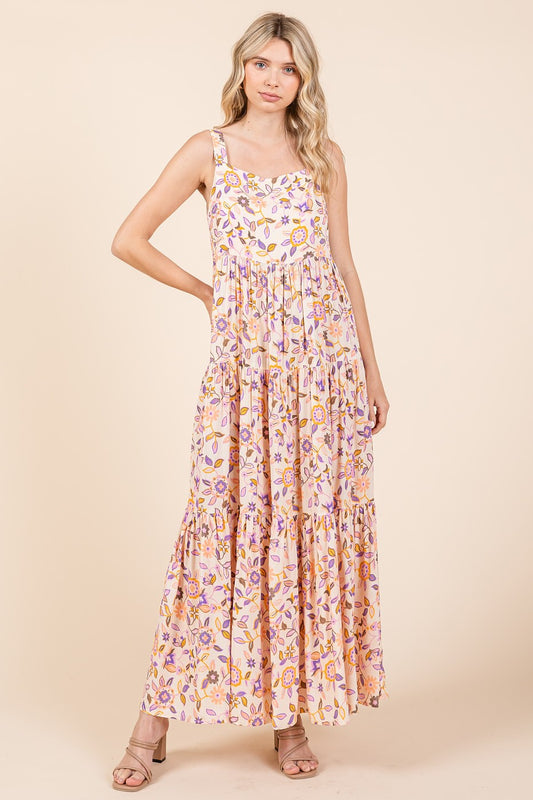 Mittoshop Flower Print Tiered Square Neck Sleeveless Empire Maxi Dress | Sherbet