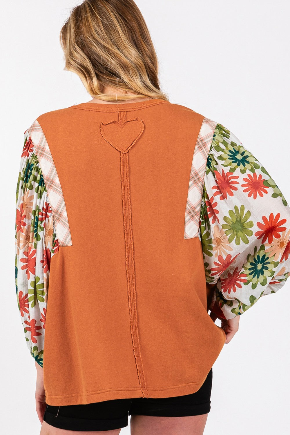 SAGE + FIG Floral Printed Balloon Sleeves Contrast Round Neck Knit Top | Caramel