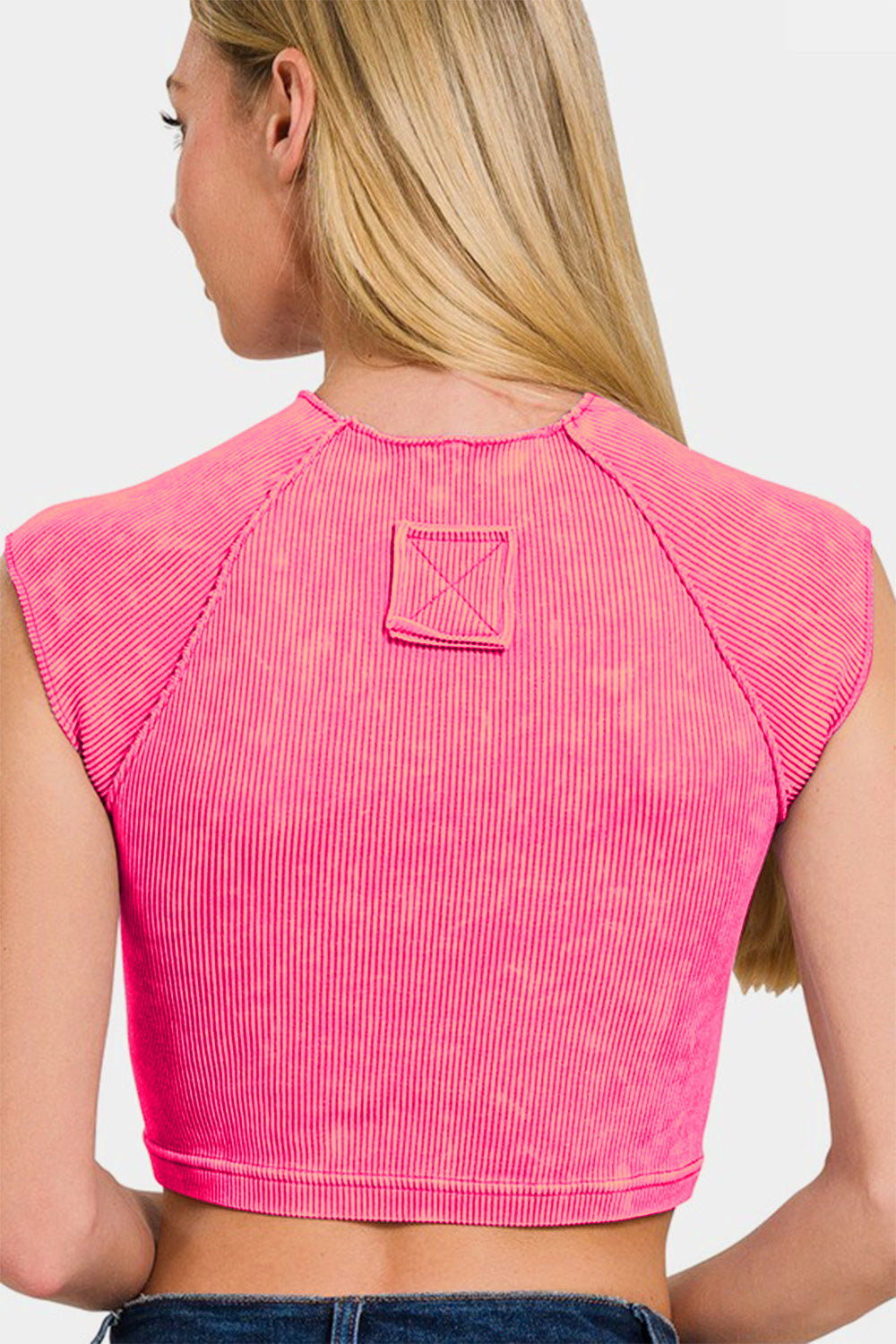 Zenana Stone Washed Ribbed Round Neck Raglan Sleeves Cropped Top | Hot Pink