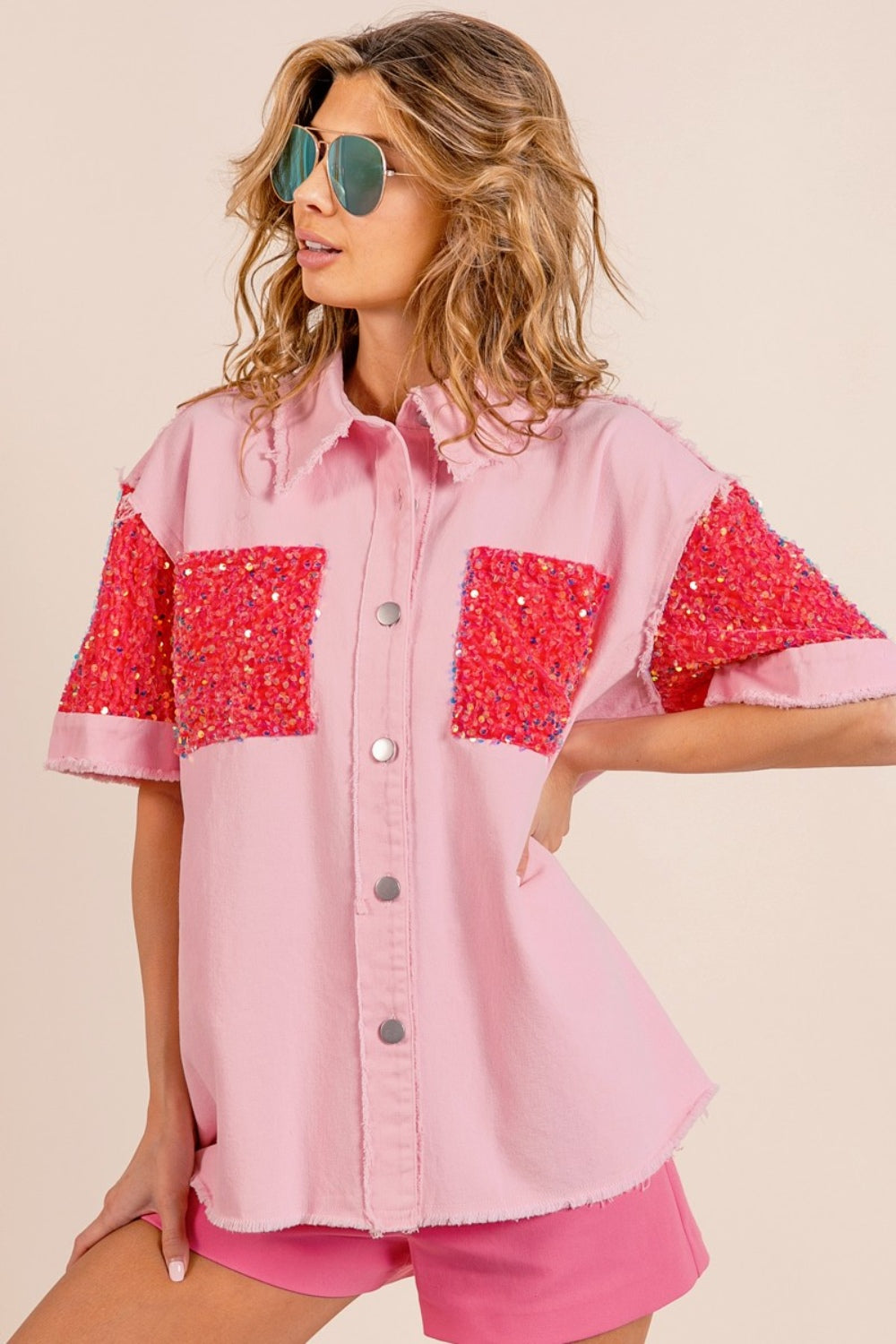 BiBi Sequin Detail Raw Hem Short Sleeves Buttoned Shirt