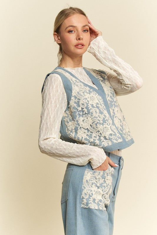 Davi & Dani Casual Textures Lace Patch Detail Open Front Denim Vest | Light Blue