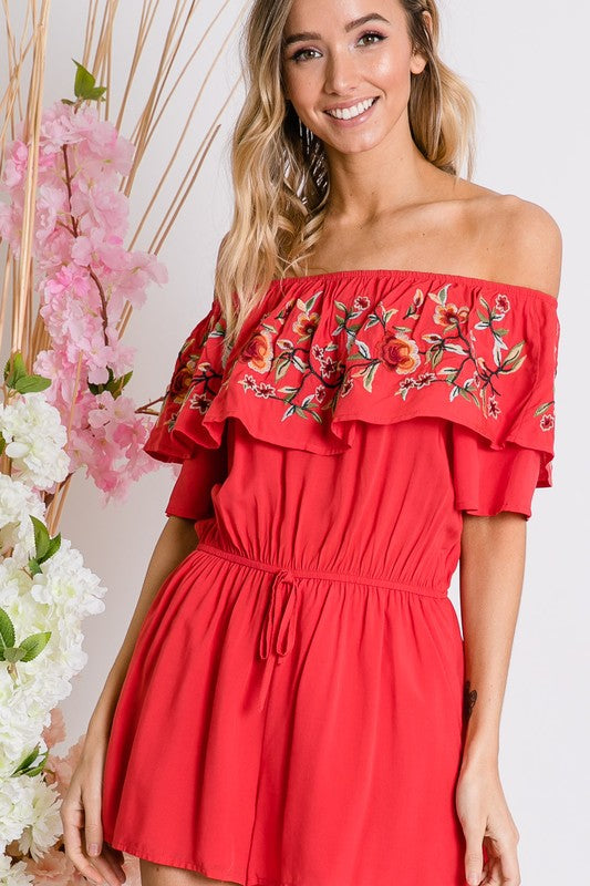 DAVI & DANI Floral Embroidered Ruffle Overlay Off Shoulders Romper with Pockets