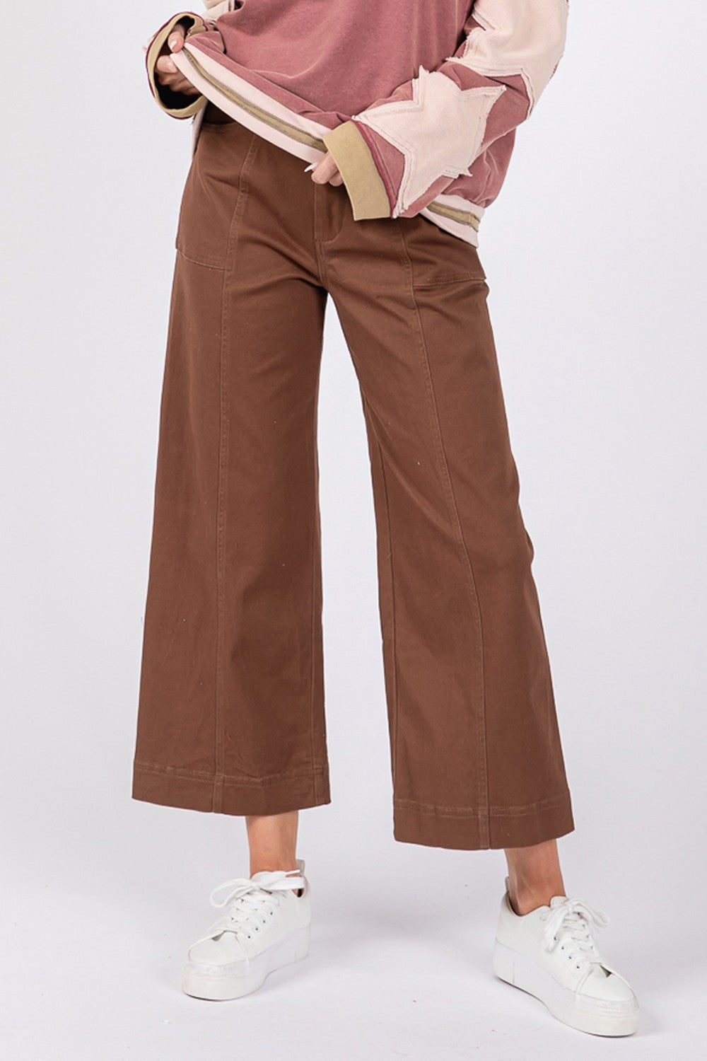 SAGE + FIG Adjustable Button Closure Pockets Wide Leg Cropped Pants | Mocha