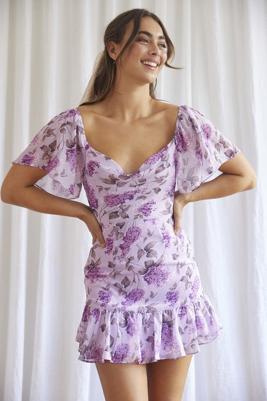 ONE & ONLY Floral Print Ruffle Fluttered Sleeves Mini Dress in Lilac