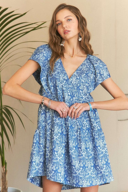 ADORA Printed V-Neck Ruffle Sleeve Mini Dress | Denim Blue