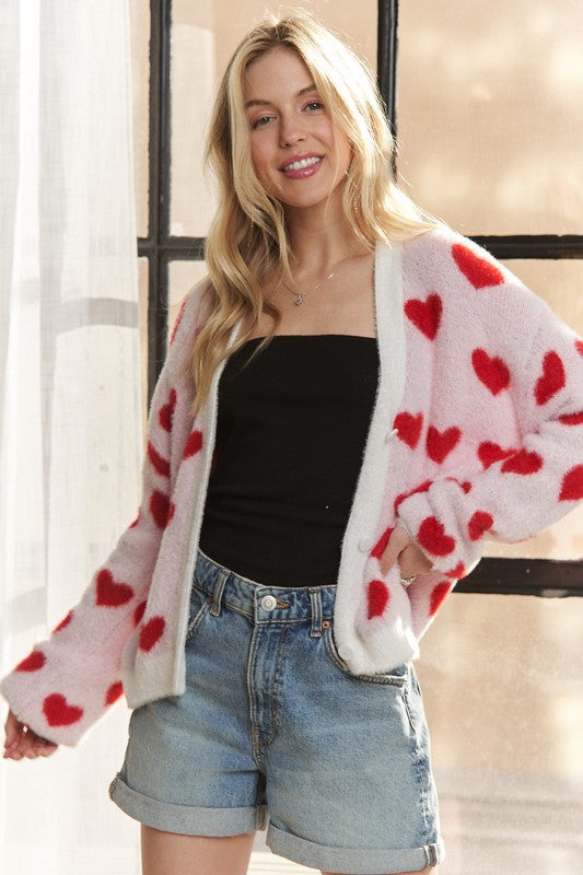 ADORA Fuzzy Lovely Heart Pattern Button Down Knit Sweater Cardigan | Ivory/Red