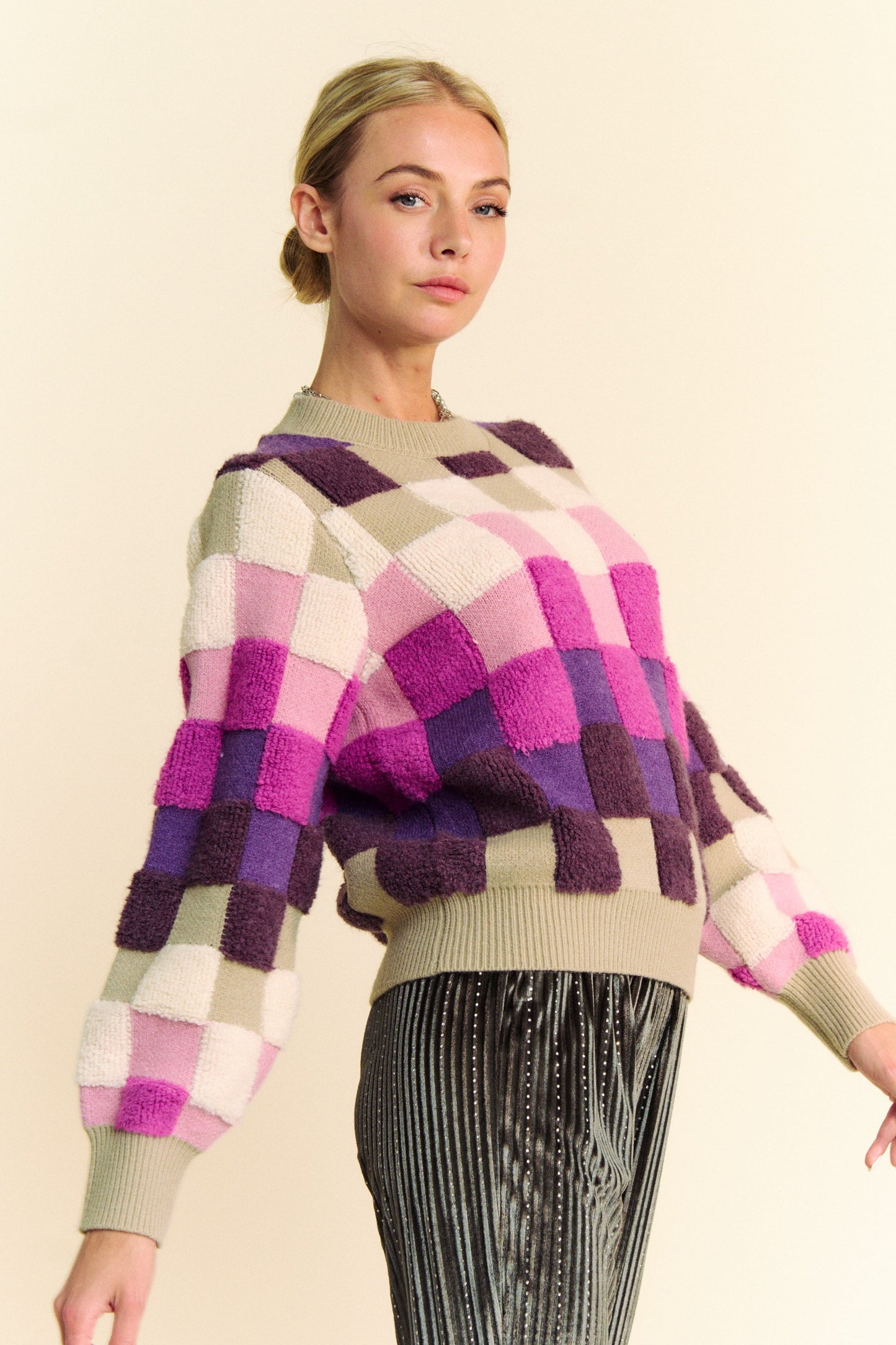 Davi & Dani Multicolor Checkered Round Neck Long Sleeves Knit Sweater | Purple