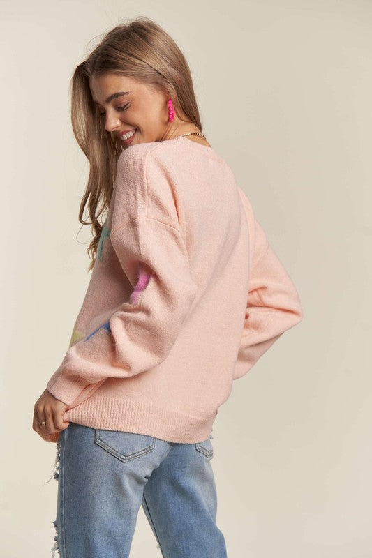 ADORA Star Pattern Crew Neck Drop Shoulder Long Sleeves Ribbed Sweater | Blush