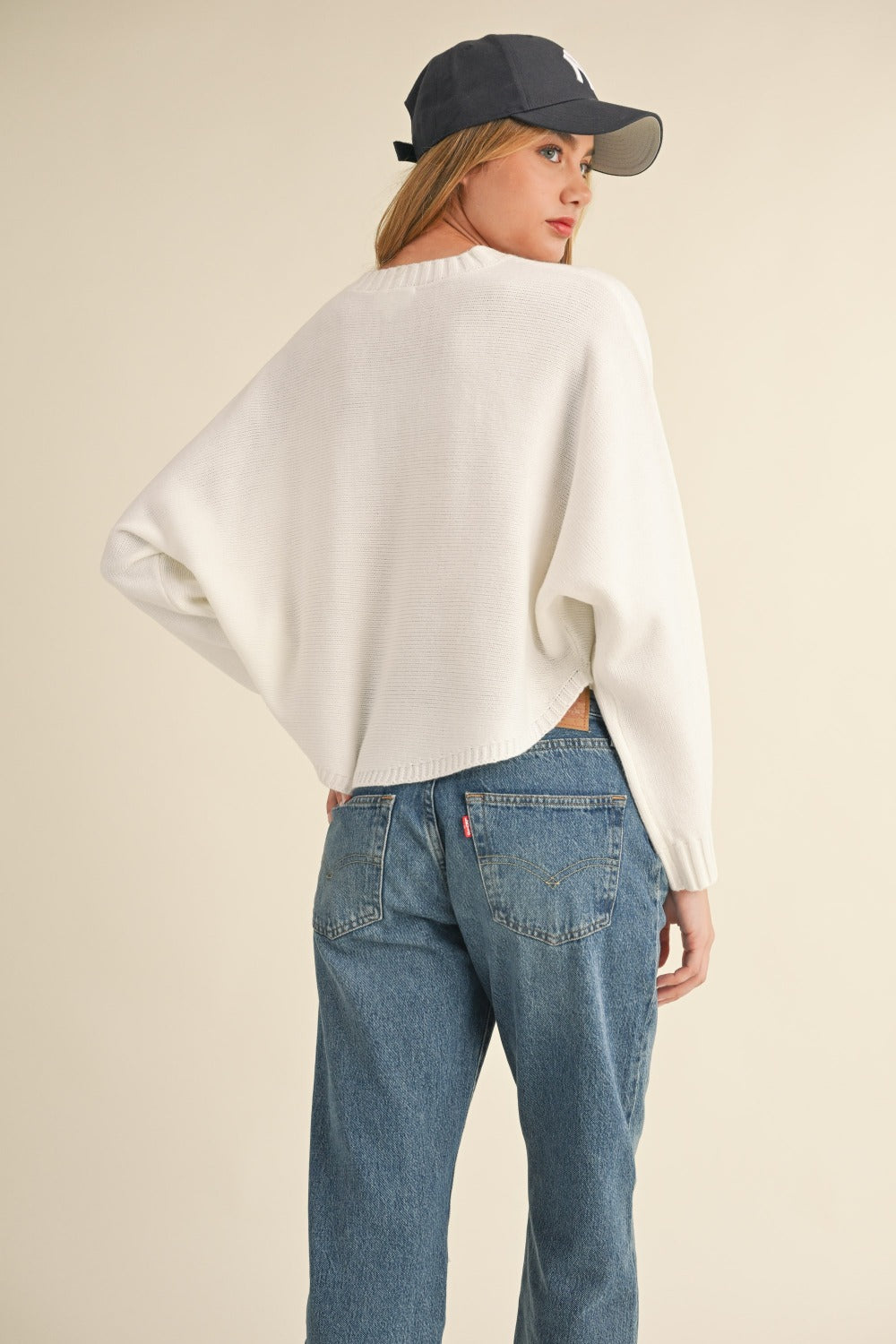 MABLE Round Neck Dolman Sleeves Relaxed Fit Cropped Pullover Sweater | Off White