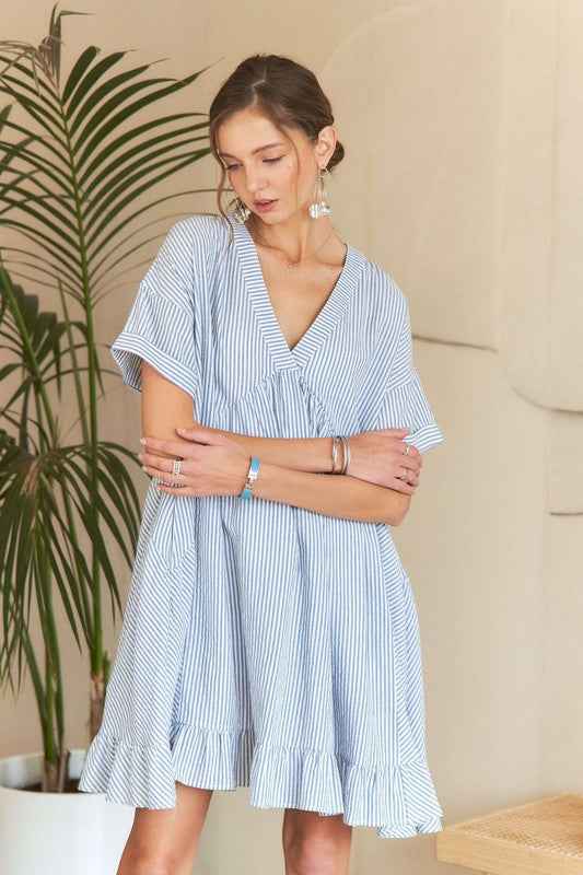 ADORA Ruffled Hem Striped V-Neck Striped Pattern Babydoll Dress | Light Blue